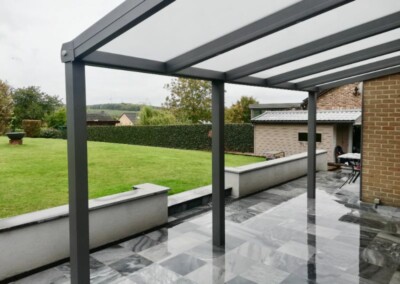 Une pergola sur une terrasse par temps de pluie en Belgique